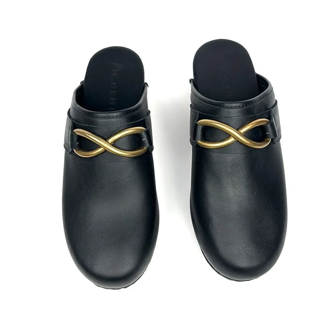 M. Gemi Black Leather Mules with Gold Accent - Picture 4 of 16